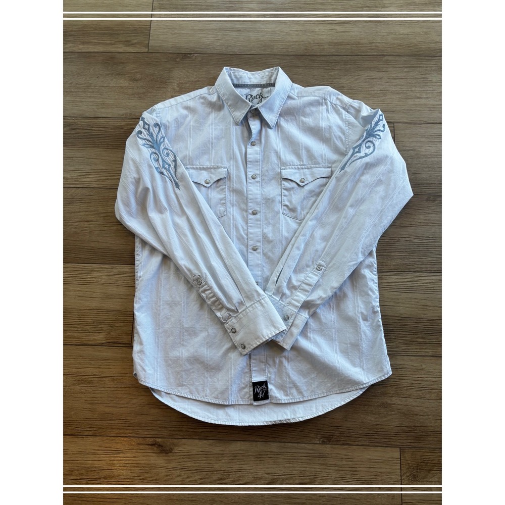Wrangler‎ Rock 47 Mens Large Blue Embroidered Western Snap Shirt MRC218B